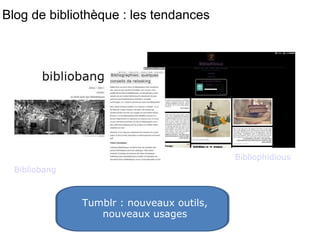 Tumblr : nouveaux outils, 
nouveaux usages 
Bibliobang 
Bibliophidious 
Blog de bibliothèque : les tendances 
 