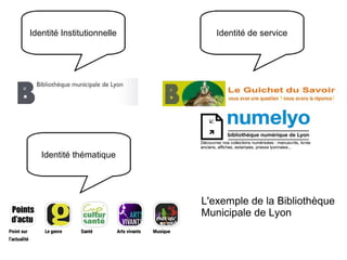 Identité Institutionnelle Identité de service 
Identité thématique 
L'exemple de la Bibliothèque 
Municipale de Lyon 
 