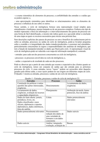  
VII Convibra Administração – Congresso Virtual Brasileiro de Administração – www.convibra.com.br
- o exame sistemático de elementos do processo, a confiabilidade das entradas e a saídas que
se podem esperar; e,
- uma aproximação sistemática para identificar os relacionamentos entre os elementos do
processo e influência de uns sobre os outros.
Nesse sentido, o ciclo de inteligência fornece uma representação visual simples para
entendimento e lembrança, mesmo tratando-se de um processo complexo. Embora este tipo de
modelo represente o fluxo de informação e o inter-relacionamento dos passos do processo em
uma forma de fácil identificação, o mesmo não indica quem ou o que pode afetar a conclusão
de uma etapa ou quais os recursos necessários para iniciar uma próxima fase.
Sem descrições explícitas dos passos do processo ou sem o beneficio do conhecimento prévio
sobre as entradas, processos ou saídas do ciclo de inteligência, pode-se levantar perguntas
sobre a exatidão e a integralidade dos dados tratados/produzidos e ocasionar mal entendidos,
particularmente concernentes às regras e responsabilidades dos analistas de inteligência, que
tem a função de manipular/entender os dados que fluem pelo ciclo. A representação visual do
ciclo de inteligência pode ser reduzida a um mapa de informação manipulável, contendo:
- entradas: para cada um dos processos concernentes ao ciclo da inteligência;
- processos: os processos envolvidos no ciclo da inteligência; e,
- saídas: a expectativa de resultado de cada um dos processos.
Pode-se observar que a partir de uma entrada que resume a expectativa dos clientes quanto ao
ciclo da inteligência, temos um conjunto de saídas que são entrada para os próximos
processos do ciclo. A essas entradas, novos “inputs” podem ser acrescidos além daqueles
gerados pela última saída, e esses inputs podem ter sua origem em diferentes etapas do ciclo.
O Quadro 1 mostra as entradas, processos e saídas de um ciclo de inteligência.
Quadro 1 - Entradas, processos e saídas do ciclo de inteligência [2].
Entradas Processos Saídas
Construção de políticas e outras
questões das partes interessadas,
exigências.
Direcionamento
Levantamento de dados,
exigências.
Levantamento de dados,
exigências, avaliação de recursos
e capacidades disponíveis.
Planejamento Atribuição da tarefa, fontes
potenciais, foco da análise.
Dados de fonte aberta: jornais,
periódicos, livros, etc.
Dados classificados: casos
oficiais, diplomacia e reportes
diplomáticos, dados eletrônicos,
fotos de satélite.
Coleta Dados potencialmente
relevantes
Dados potencialmente relevantes Processamento:
redução dos dados de
uma variedade de
formatos a em dados
consistente
Dados usáveis
Dados usáveis Análise: integração,
avaliação, avaliação de
Buscas
 