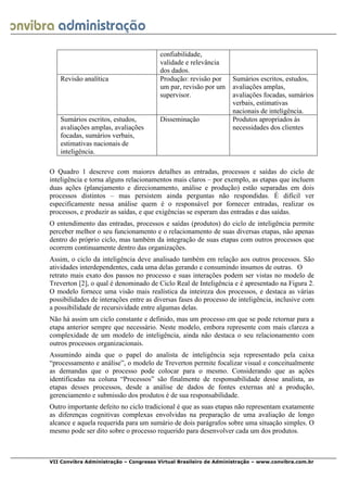  
VII Convibra Administração – Congresso Virtual Brasileiro de Administração – www.convibra.com.br
confiabilidade,
validade e relevância
dos dados.
Revisão analítica Produção: revisão por
um par, revisão por um
supervisor.
Sumários escritos, estudos,
avaliações amplas,
avaliações focadas, sumários
verbais, estimativas
nacionais de inteligência.
Sumários escritos, estudos,
avaliações amplas, avaliações
focadas, sumários verbais,
estimativas nacionais de
inteligência.
Disseminação Produtos apropriados às
necessidades dos clientes
O Quadro 1 descreve com maiores detalhes as entradas, processos e saídas do ciclo de
inteligência e torna alguns relacionamentos mais claros – por exemplo, as etapas que incluem
duas ações (planejamento e direcionamento, análise e produção) estão separadas em dois
processos distintos – mas persistem ainda perguntas não respondidas. É difícil ver
especificamente nessa análise quem é o responsável por fornecer entradas, realizar os
processos, e produzir as saídas, e que exigências se esperam das entradas e das saídas.
O entendimento das entradas, processos e saídas (produtos) do ciclo de inteligência permite
perceber melhor o seu funcionamento e o relacionamento de suas diversas etapas, não apenas
dentro do próprio ciclo, mas também da integração de suas etapas com outros processos que
ocorrem continuamente dentro das organizações.
Assim, o ciclo da inteligência deve analisado também em relação aos outros processos. São
atividades interdependentes, cada uma delas gerando e consumindo insumos de outras. O
retrato mais exato dos passos no processo e suas interações podem ser vistas no modelo de
Treverton [2], o qual é denominado de Ciclo Real de Inteligência e é apresentado na Figura 2.
O modelo fornece uma visão mais realística da inteireza dos processos, e destaca as várias
possibilidades de interações entre as diversas fases do processo de inteligência, inclusive com
a possibilidade de recursividade entre algumas delas.
Não há assim um ciclo constante e definido, mas um processo em que se pode retornar para a
etapa anterior sempre que necessário. Neste modelo, embora represente com mais clareza a
complexidade de um modelo de inteligência, ainda não destaca o seu relacionamento com
outros processos organizacionais.
Assumindo ainda que o papel do analista de inteligência seja representado pela caixa
“processamento e análise”, o modelo de Treverton permite focalizar visual e conceitualmente
as demandas que o processo pode colocar para o mesmo. Considerando que as ações
identificadas na coluna “Processos” são finalmente de responsabilidade desse analista, as
etapas desses processos, desde a análise de dados de fontes externas até a produção,
gerenciamento e submissão dos produtos é de sua responsabilidade.
Outro importante defeito no ciclo tradicional é que as suas etapas não representam exatamente
as diferenças cognitivas complexas envolvidas na preparação de uma avaliação de longo
alcance e aquela requerida para um sumário de dois parágrafos sobre uma situação simples. O
mesmo pode ser dito sobre o processo requerido para desenvolver cada um dos produtos.
 