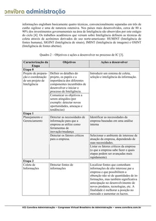  
VII Convibra Administração – Congresso Virtual Brasileiro de Administração – www.convibra.com.br
informações englobam basicamente quatro técnicas, convencionalmente separadas em três de
cunho sigiloso e uma de natureza ostensiva. Nos países mais desenvolvidos, cerca de 80 a
90% dos investimentos governamentais na área de Inteligência são absorvidos por este estágio
do ciclo [4]. Os trabalhos acadêmicos que versam sobre Inteligência definem as técnicas de
coleta através de acrônimos derivados do uso norte-americano: HUMINT (Inteligência de
fontes humana), SIGINT (Inteligência de sinais), IMINT (Inteligência de imagens) e OSINT
(Inteligência de fontes abertas).
Quadro 2 – Objetivos e ações a desenvolver no processo de IC [3].
Caracterização da
Etapa
Objetivos Ações a desenvolver
Etapa 0
Definir os detalhes do
projeto, os papéis e a
importância dos diferentes
componentes incumbidos de
desenvolver e iniciar o
processo de Inteligência.
Projeto de prepara-
ção e coordenação
de um projeto de
Inteligência
Comunicar os objetivos a
serem atingidos (por
exemplo: detectar novas
oportunidades, ameaças e
tendências)
Introduzir um sistema de coleta,
seleção e inteligência da informação.
Etapa 1
Detectar as necessidades de
informação para que a
empresa as utilize como
ferramentas de
inovação/mudança
Identificar as necessidades da
empresa baseadas em uma análise
interna
Selecionar o ambiente de interesse de
atuação da empresa, dependendo de
suas necessidades.
Planejamento e
Gerenciamento
Detectar os fatores críticos
para a empresa.
Listar os fatores críticos da empresa
(o que a empresa sabe fazer e quais
etapas podem ser avançadas mais
rapidamente)
Etapa 2
Coleta de
Informações
Detectar fontes de
informações
Localizar fontes que contenham
informações de alto interesse par a
empresa e que possibilitem a
obtenção não só de quantidades de in-
formações, mas também significativa
antecipação no desenvolvimento de
novos produtos, tecnologias, etc. A
finalidade é melhorar a posição no
mercado e aumentar os lucros.
 