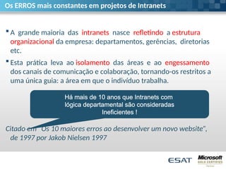 Os ERROS mais constantes em projetos de Intranets
 A grande maioria das intranets nasce refletindo a estrutura
organizacional da empresa: departamentos, gerências, diretorias
etc.
 Esta prática leva ao isolamento das áreas e ao engessamento
dos canais de comunicação e colaboração, tornando-os restritos a
uma única guia: a área em que o indivíduo trabalha.
Citado em “Os 10 maiores erros ao desenvolver um novo website”,
de 1997 por Jakob Nielsen 1997
Há mais de 10 anos que Intranets com
lógica departamental são consideradas
Ineficientes !
 
