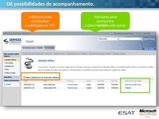 Dê possibilidades de acompanhamento.
Solicitante pode
acompanhar
o status também pelo portal.
Solicitante pode
acompanhar
a solicitação por RSS
 