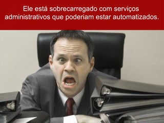Ele está sobrecarregado com serviços
administrativos que poderiam estar automatizados.
 