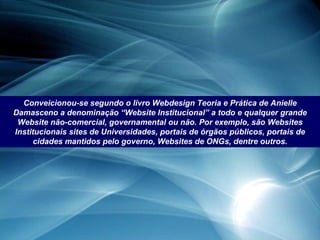 Conveicionou-se segundo o livro Webdesign Teoria e Prática de Anielle Damasceno a denominação “Website Institucional” a todo e qualquer grande Website não-comercial, governamental ou não. Por exemplo, são Websites Institucionais sites de Universidades, portais de órgãos públicos, portais de cidades mantidos pelo governo, Websites de ONGs, dentre outros. 