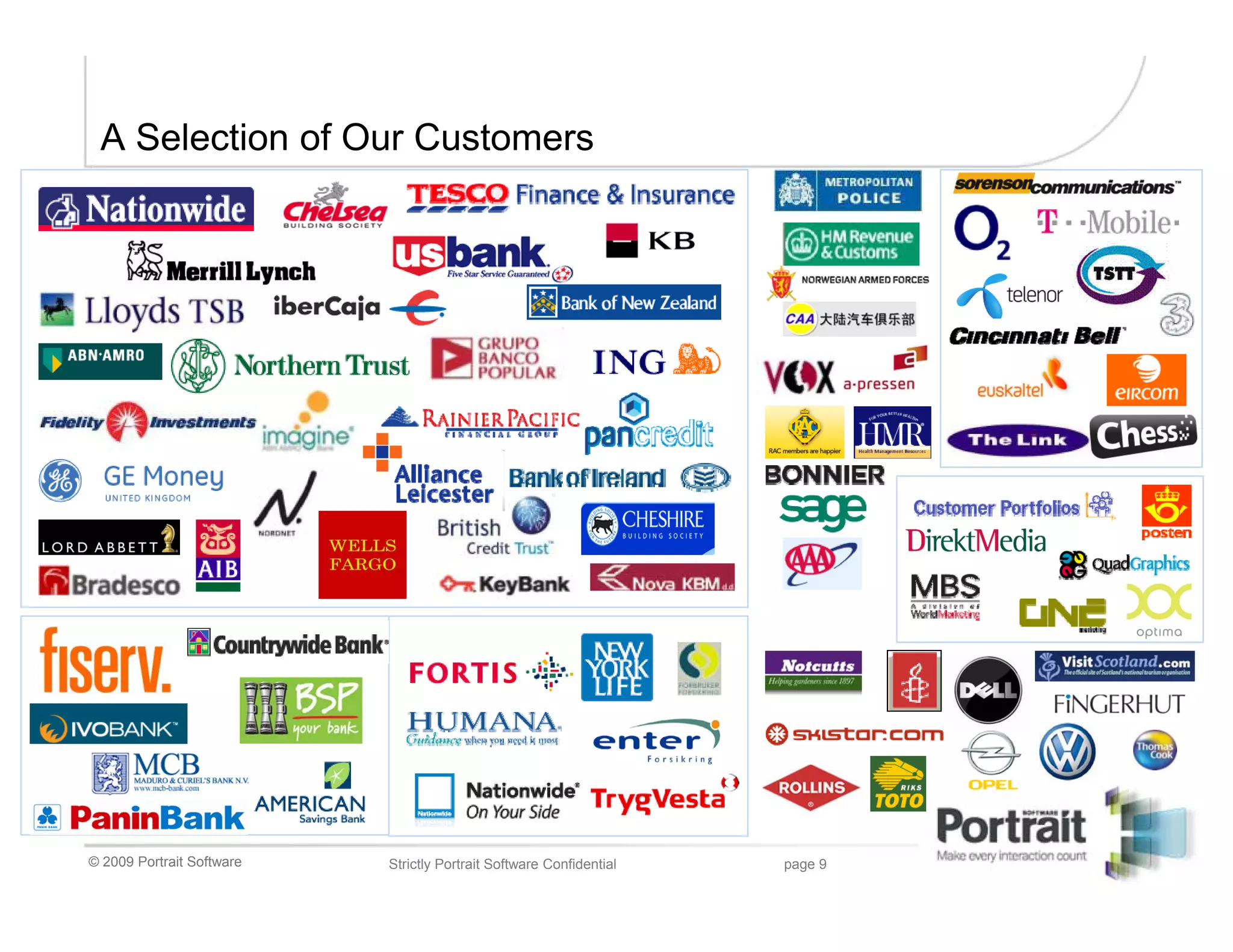 A Selection of Our Customers




© 2009 Portrait Software   Strictly Portrait Software Confidential   page 9
 