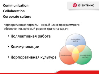 Communication
Collaboration
Corporate culture

Корпоративные порталы - новый класс программного
обеспечения, который решает три типа задач:

  • Коллективная работа

  • Коммуникации

  • Корпоративная культура
 