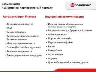 Возможности
«1С-Битрикс: Корпоративный портал»

Автоматизация бизнеса                Внутренние коммуникации

  •   Автоматизация отчетов          • Интерактивная «Живая лента»
                                         лента всех обновлений на портале
  •   CRM
                                     •   Социальная сеть, «Друзья», «Коллеги»
  •   Бизнес-процессы
                                     •   «Мне нравится»
  •   Визуальное проектирование
      бизнес-процессов               •   Портал «Есть идея?»
  •   Многодепартаментность          •   Персональные файлы
  •   Списки (Records Management)    •   Блоги
  •   Анализ посещаемости            •   Микроблоги
  •   Техподдержка и многое другое   •   Фотогалереи
                                     •   Форумы
                                     •   Доска объявлений и многое другое
 