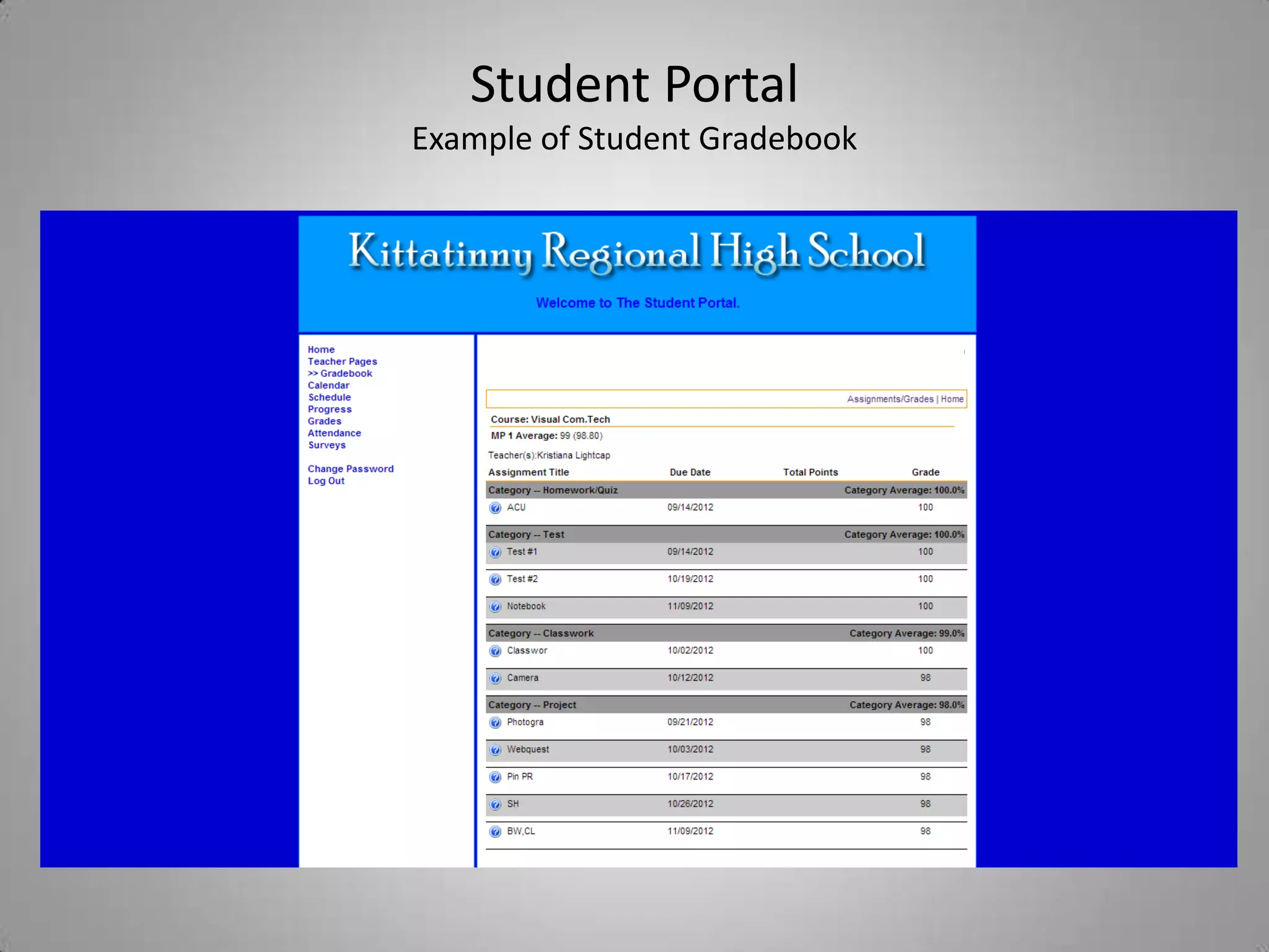 Student Portal
Example of Student Gradebook
 