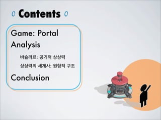 Contents
Game: Portal
Analysis
바슐라르: 공기적 상상력
상상력의 세계사: 원형적 구조
Conclusion
 