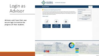 Login as
Advisor
Advisors each have their own
secure login to monitor the
progress of their students.
 