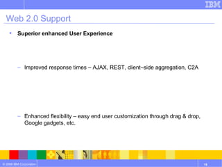 Web 2.0 Support Superior enhanced User Experience Improved response times – AJAX, REST, client–side aggregation, C2A  Enhanced flexibility – easy end user customization through drag & drop, Google gadgets, etc. Smart markup and dynamic menus through semantic tags Drive Innovation and Productivity through Social Software Lotus Connections portlets  Quickr blogs, wikis, and forums Improve time to value, time to market Business user situational application development through the Portlet Pallette, drag & drop page composition, and composite application templates Business user contribution of WCM content More assets (REST, ATOM, gadgets) available to choose from. 