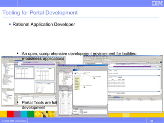 Tooling for Portal Development Rational Application Developer An open, comprehensive development environment for building e-business applications Portal Tools are fully integrated to support portal and portlet development Provides Portal Test Environment 