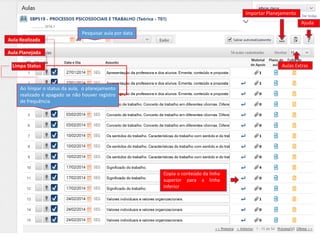 Pesquisar aula por data 
Aula Realizada 
Limpa Status 
Ao limpar o status da aula, o planejamento realizado é apagado se não houver registro de frequência 
Ajuda 
Aulas Extras 
Importar Planejamento 
Aula Planejada 
Copia o conteúdo da linha superior para a linha inferior 
19  