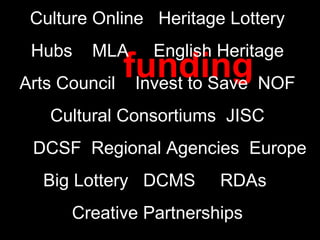 Lots funding funding Culture Online  Heritage Lottery Hubs  MLA  English Heritage Arts Council  Invest to Save  NOF Cultur...