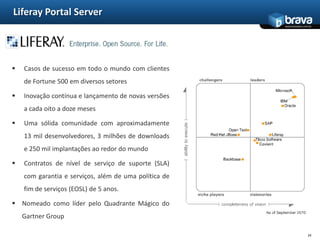 Principais CaracterísticasFunções Sociais - Colaboração organizacionalPortais também melhoram a colaboração dentro de uma empresa. A medida que várias ferramentas colaborativas são implementadas, podem ser disponibilizadas aos poucos aos times devido a modularidade do portal (por exemplo, adicionar um portlet para o sistema e disponibilizar para os administradores da comunidade). Enquanto as equipes colaboram, eles têm uma ampla gama de recursos que podem ser aproveitados por outras equipes em toda a empresa.21