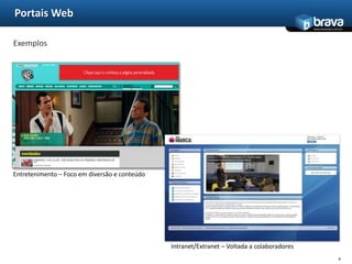 Portais WebExemplosEntretenimento – Foco em diversão e conteúdoIntranet/Extranet – Voltada a colaboradores8
