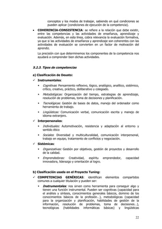 conceptos y los modos de trabajar, sabiendo en qué condiciones se
           pueden aplicar (condiciones de ejecución de la competencia).
•   COHERENCIA-CONSISTENCIA: se refiere a la relación que debe existir,
    entre las competencias y las actividades de enseñanza, aprendizaje y
    evaluación. Además, en esta línea, cobra relevancia la evaluación formativa,
    ya que si las actividades de enseñanza y aprendizaje son coherentes con las
    actividades de evaluación se convierten en un factor de motivación del
    aprendiz.
    La precisión con que determinemos los componentes de la competencia nos
    ayudará a comprender bien dichas actividades.


5.2.3. Tipos de competencias

a) Clasificación de Deusto:
    Instrumentales:
       Cognitivas: Pensamiento reflexivo, lógico, analógico, analítico, sistémico,
       crítico, creativo, práctico, deliberativo y colegiado.
       Metodológicas: Organización del tiempo, estrategias de aprendizaje,
       resolución de problemas, toma de decisiones y planificación.
       Tecnológicas: Gestión de bases de datos, manejo del ordenador como
       herramienta de trabajo.
       Lingüísticas: Comunicación verbal, comunicación escrita y manejo de
       idioma extranjero.
    Interpersonales:
       Individuales: Automotivación, resistencia y adaptación al entorno y
       sentido ético
       Sociales: Diversidad y multiculturalidad, comunicación interpersonal,
       trabajo en equipo, tratamiento de conflictos y negociación.
    Sistémicas:
       Organizativas: Gestión por objetivos, gestión de proyectos y desarrollo
       de la calidad.
       Emprendedoras:      Creatividad, espíritu emprendedor,           capacidad
       innovadora, liderazgo y orientación al logro.


b) Clasificación usada en el Proyecto Tuning:
    COMPETENCIAS GENÉRICAS: identifican                   elementos   compartidos
    comunes a cualquier titulación y pueden ser:
       Instrumentales: nos sirven como herramienta para conseguir algo y
       tienen una función instrumental. Pueden ser cognitivas (capacidad para
       el análisis y síntesis, conocimientos generales básicos, dominio de los
       conocimientos básicos de la profesión…), metodológicas (capacidad
       para la organización y planificación, habilidades de gestión de la
       información, resolución de problemas, toma de decisiones…),
       tecnológicas (habilidades informáticas básicas) y lingüísticas


                                                                               22
 
