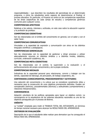 responsabilidades – que describen los resultados del aprendizaje de un determinado
programa, o cómo los estudiantes serán capaces de desenvolverse al finalizar el
proceso educativo. En particular, el Proyecto se centra en las competencias específicas
de las áreas (específicas de cada campo de estudio) y competencias genéricas
(comunes para cualquier curso).
COMPETENCIAS AFECTIVAS
Relativas a los valores, intereses y actitudes, en este caso sobre la educación superior
y la profesión de profesor.
COMPETENCIAS COGNITIVAS
Son las relacionadas con el ámbito del conocimiento en general, con el saber y con el
saber hacer.
COMPETENCIAS COMUNICATIVAS
Vinculadas a la capacidad de expresión y comunicación con otros en los distintos
lenguajes científicos y pedagógicos.
COMPETENCIAS GERENCIALES
Son las relacionadas con la capacidad de gestionar y dirigir procesos y utilizar
adecuadamente recursos en distintos ámbitos y a distintos niveles, didáctico,
curricular, ordenación académica, etc.
COMPETENCIAS META-COGNITIVAS
Son las relacionadas con el control, la supervisión y la evaluación y el
perfeccionamiento del propio conocimiento y de la propia conducta.
COMPETENCIAS SOCIALES
Indicativas de la capacidad personal para relacionarse, convivir y trabajar con los
demás, capacidad de liderazgo, de persuasión, de trabajo cooperativo, etc.
CONTENIDOS (CONOCIMIENTOS, PROCEDIMIENTOS Y ACTITUDES)
Una selección del conocimiento y la cultura que se consideran socialmente útiles y
necesarios para la consecución de unos objetivos previamente definidos. Pueden ser
conceptuales (teóricos), procedimentales (técnicos) y actitudinales (comportamiento y
relaciones interpersonales).
CONVERGENCIA
Adopción voluntaria de las políticas apropiadas para lograr un objetivo común. La
convergencia en la arquitectura de los sistemas educativos nacionales es uno de los
objetivos perseguidos por el proceso de Bolonia.
CRÉDITO
La “unidad” empleada para medir el TRABAJO TOTAL DEL ESTUDIANTE, en términos
de tiempo nocional necesario para alcanzar los RESULTADOS DEL APRENDIZAJE.
CRITERIOS DE EVALUACIÓN
Descripción de lo que el estudiante debe realizar para demostrar que ha conseguido el
RESULTADO DEL APRENDIZAJE.




                                                                                     43
 