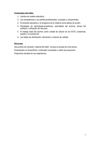 Contenidos del taller
   1. Cambio de modelo educativo.
   2. Las competencias y los perfiles profesionales: concepto y componentes.
   3. El proyecto educativo y el programa de la materia como planes de acción.
   4. Estrategias de aprendizaje-enseñanza: actividades del alumno, tareas del
      profesor y utilización de recursos.
   5. El trabajo total del alumno como unidad de cálculo de los ECTS: presencial,
      guiado y no presencial.
   6. Las tablas de distribución: elementos y criterios de calidad.


Recursos
Documento de consulta: material del taller. Incluye la prueba de nivel previo.
Presentación en PowerPoint y ordenador conectado a cañón de proyección.
Programas actuales de sus asignaturas.




                                                                                 7
 