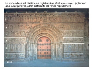 La portalada es pot dividir en 6 registres i un sòcol, en els quals, juntament
amb les arquivoltes, estan distribuïts els temes representats.




1


2

3

4


5


6

    Sòcol
 