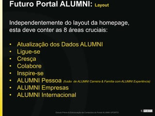 Futuro Portal ALUMNI: Layout
Estudo Prévio & Estruturação de Conteúdos do Portal ALUMNI UPORTO
Independentemente do layout da homepage,
esta deve conter as 8 áreas cruciais:
• Atualização dos Dados ALUMNI
• Ligue-se
• Cresça
• Colabore
• Inspire-se
• ALUMNI Pessoa (fusão de ALUMNI Carreira & Família com ALUMNI Experiência)
• ALUMNI Empresas
• ALUMNI Internacional
 