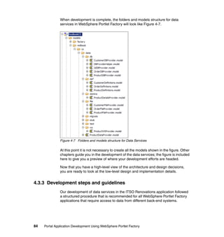 When development is complete, the folders and models structure for data
               services in WebSphere Portlet Factory will look like Figure 4-7.




               Figure 4-7 Folders and models structure for Data Services

               At this point it is not necessary to create all the models shown in the figure. Other
               chapters guide you in the development of the data services; the figure is included
               here to give you a preview of where your development efforts are headed.

               Now that you have a high-level view of the architecture and design decisions,
               you are ready to look at the low-level design and implementation details.


4.3.3 Development steps and guidelines
               Our development of data services in the ITSO Renovations application followed
               a structured procedure that is recommended for all WebSphere Portlet Factory
               applications that require access to data from different back-end systems.




84   Portal Application Development Using WebSphere Portlet Factory
 