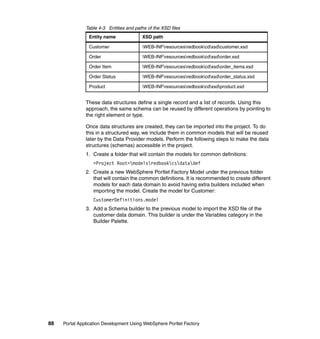 Table 4-3 Entities and paths of the XSD files
                Entity name              XSD path

                Customer                 WEB-INFresourcesredbookcdxsdcustomer.xsd

                Order                    WEB-INFresourcesredbookcdxsdorder.xsd

                Order Item               WEB-INFresourcesredbookcdxsdorder_items.xsd

                Order Status             WEB-INFresourcesredbookcdxsdorder_status.xsd

                Product                  WEB-INFresourcesredbookcdxsdproduct.xsd


               These data structures define a single record and a list of records. Using this
               approach, the same schema can be reused by different operations by pointing to
               the right element or type.

               Once data structures are created, they can be imported into the project. To do
               this in a structured way, we include them in common models that will be reused
               later by the Data Provider models. Perform the following steps to make the data
               structures (schemas) accessible in the project.
               1. Create a folder that will contain the models for common definitions:
                  <Project Root>modelsredbookcsdatadef
               2. Create a new WebSphere Portlet Factory Model under the previous folder
                  that will contain the common definitions. It is recommended to create different
                  models for each data domain to avoid having extra builders included when
                  importing the model. Create the model for Customer:
                  CustomerDefinitions.model
               3. Add a Schema builder to the previous model to import the XSD file of the
                  customer data domain. This builder is under the Variables category in the
                  Builder Palette.




88   Portal Application Development Using WebSphere Portlet Factory
 