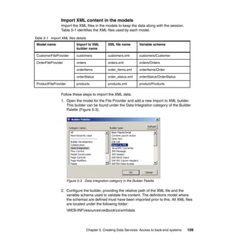 Import XML content in the models
                 Import the XML files in the models to keep the data along with the session.
                 Table 5-1 identifies the XML files used by each model.

Table 5-1 Import XML files details
 Model name                  Import to XML         XML file name        Variable schema
                             builder name

 CustomerFileProvider        customers             customers.xml        customers/Customer

 OrderFileProvider           orders                orders.xml           orders/Orders

                             orderItems            order_items.xml      orderItems/Order

                             orderStatus           order_status.xml     orderStatus/OrderStatus

 ProductFileProvider         products              products.xml         product/Products


                 Follow these steps to import the XML data:
                 1. Open the model for the File Provider and add a new Import to XML builder.
                    This builder can be found under the Data Integration category of the Builder
                    Palette (Figure 5-3).




                       Figure 5-3 Data Integration category in the Builder Palette

                 2. Configure the builder, providing the relative path of the XML file and the
                    variable schema used to validate the content. The definitions model where
                    the schemas are defined must have been imported prior to this. All XML files
                    are located under the following folder:
                       WEB-INFresourcesredbookcsxmldata




                                      Chapter 5. Creating Data Services: Access to back-end systems   109
 