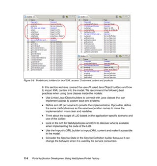Figure 5-8 Models and builders for local XML access: Customers, orders and products

                 In this section we have covered the use of Linked Java Object builders and how
                 to import XML content into the model. We recommend the following best
                 practices when using Java classes inside the models:
                    Use Linked Java Object builders to connect with Java classes that can
                    implement access to custom back-end systems.
                    Define an LJO per service to provide the implementation. If possible, define
                    the same method names as the service operation names to make the
                    implementation more clear and readable.
                    Think about the scope of LJO based on the application-specific scenario and
                    use of the builder.
                    Look in the API for WebAppAccess and IXml to discover what is available
                    when implementing the code of the LJO.
                    Use the Import to XML builder to import XML content and make it accessible
                    in the model.
                    Consider the Service State in the Service Definition builder because it can
                    change the behavior when it is used by the service consumers.




114     Portal Application Development Using WebSphere Portlet Factory
 