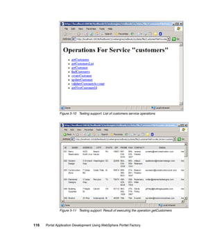 Figure 5-10 Testing support: List of customers service operations




               Figure 5-11 Testing support: Result of executing the operation getCustomers



116   Portal Application Development Using WebSphere Portlet Factory
 