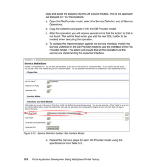 copy and paste the builders into the DB Service models. This is the approach
                     we followed in ITSO Renovations:
                     a. Open the File Provider model, select the Service Definition and all Service
                        Operations.
                     b. Copy the selection and paste it into the DB Provider model.
                     c. After this operation you will receive several errors that the Action to Call is
                        not found. This will be fixed when you add the real SQL builder to be
                        invoked when executing the operation.
                     d. To validate the implementation against the service interface, modify the
                        Service Definition in the DB Provider model to use the interface of the File
                        Provider model. This action will ensure that all the operations of the
                        service are implementing the expected interface.




Figure 5-15 Service Definition builder: Set Interface Model

                     e. Repeat the previous steps for each DB Provider model using the
                        specifications from Table 5-5.




124     Portal Application Development Using WebSphere Portlet Factory
 