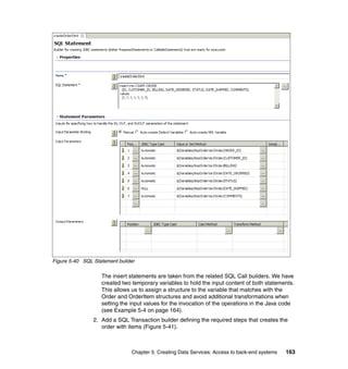 Figure 5-40 SQL Statement builder

                   The insert statements are taken from the related SQL Call builders. We have
                   created two temporary variables to hold the input content of both statements.
                   This allows us to assign a structure to the variable that matches with the
                   Order and OrderItem structures and avoid additional transformations when
                   setting the input values for the invocation of the operations in the Java code
                   (see Example 5-4 on page 164).
                2. Add a SQL Transaction builder defining the required steps that creates the
                   order with items (Figure 5-41).



                               Chapter 5. Creating Data Services: Access to back-end systems   163
 