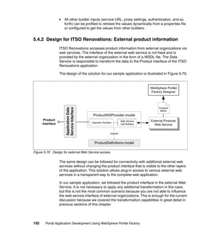 All other builder inputs (service URL, proxy settings, authentication, and so
                     forth) can be profiled to retrieve the values dynamically from a properties file
                     or configured to get the values from other builders.


5.4.2 Design for ITSO Renovations: External product information
                  ITSO Renovations accesses product information from external organizations via
                  web services. The interface of the external web service is not fixed and is
                  provided by the external organization in the form of a WSDL file. The Data
                  Service is responsible to transform the data to the Product interface of the ITSO
                  Renovations application.

                  The design of the solution for our sample application is illustrated in Figure 5-70.


                                                                                     WebSphere Portlet
                                                                                     Factory Designer




                                                                                          Products
                      Service Interface
                      Application Data




                                                                                           WSDL
                                           ProductWSProvider.model
       Product                                                       Web Service     External Products
                                          Operation Builders
      Interface                                                      Call Builders     Web Service

                                                           imports



                                            ProductDefinitions.model

Figure 5-70 Design for external Web Service access

                  The same design can be followed for connectivity with additional external web
                  services without changing the product interface that is visible to the other layers
                  of the application. This solution allows plug-in access to various external web
                  services in a transparent way to the complete web application.

                  In our sample application, we followed the product interface in the external Web
                  Service. It is not necessary to apply any additional transformation in this case,
                  but this is not the most common scenario because you are not able to influence
                  the web service interface of external organizations. This is enough for the current
                  discussion because we covered the transformation capabilities in great detail in
                  previous sections of this chapter.




192     Portal Application Development Using WebSphere Portlet Factory
 