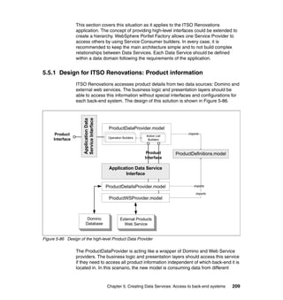 This section covers this situation as it applies to the ITSO Renovations
                 application. The concept of providing high-level interfaces could be extended to
                 create a hierarchy. WebSphere Portlet Factory allows one Service Provider to
                 access others by using Service Consumer builders. In every case, it is
                 recommended to keep the main architecture simple and to not build complex
                 relationships between Data Services. Each Data Service should be defined
                 within a data domain following the requirements of the application.


5.5.1 Design for ITSO Renovations: Product information
                 ITSO Renovations accesses product details from two data sources: Domino and
                 external web services. The business logic and presentation layers should be
                 able to access this information without special interfaces and configurations for
                 each back-end system. The design of this solution is shown in Figure 5-86.
                     Service Interface
                     Application Data




                                          ProductDataProvider.model
      Product                                                   Action List
                                                                                    imports
                                          Operation Builders
     Interface                                                   Builders



                                                                Product       ProductDefinitions.model
                                                               Interface

                                          Application Data Service
                                                  Interface

                                         ProductDetailsProvider.model                  imports

                                                                                         imports
                                          ProductWSProvider.model



                         Domino                   External Products
                        Database                    Web Service


Figure 5-86 Design of the high-level Product Data Provider

                 The ProductDataProvider is acting like a wrapper of Domino and Web Service
                 providers. The business logic and presentation layers should access this service
                 if they need to access all product information independent of which back-end it is
                 located in. In this scenario, the new model is consuming data from different


                                         Chapter 5. Creating Data Services: Access to back-end systems   209
 