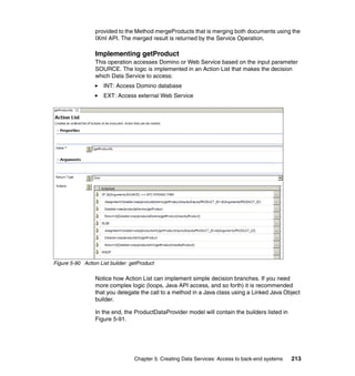 provided to the Method mergeProducts that is merging both documents using the
                 IXml API. The merged result is returned by the Service Operation.

                 Implementing getProduct
                 This operation accesses Domino or Web Service based on the input parameter
                 SOURCE. The logic is implemented in an Action List that makes the decision
                 which Data Service to access:
                     INT: Access Domino database
                     EXT: Access external Web Service




Figure 5-90 Action List builder: getProduct

                 Notice how Action List can implement simple decision branches. If you need
                 more complex logic (loops, Java API access, and so forth) it is recommended
                 that you delegate the call to a method in a Java class using a Linked Java Object
                 builder.

                 In the end, the ProductDataProvider model will contain the builders listed in
                 Figure 5-91.




                                  Chapter 5. Creating Data Services: Access to back-end systems   213
 
