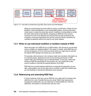 Data          View &
                 Service           Service          Rich Data            Column/      Form/ Input
                 Provider         Consumer          Definition            Field       Form/ Data
                                                                         Modifier        Page
 Data Store
                                                                 Referencing a
                                                              data definition found
                                                             in base_datadef.xml
Figure 7-12 How Data is transformed using RDD, Data Column and Field Modifier

                 While you could achieve the same effect by using a combination of Data Column
                 Modifiers, Data Field Modifiers, and LookupTable builders, ensuring that every
                 model uses or creates the same data column modifiers or lookup tables to render
                 the same data would not be efficient. Assigning an RDD file in the service
                 consumer is much more effective and ensures that the data retrieved by the
                 invocation of services exposed by the service consumer will be rendered and
                 modified consistently without the need for any other builders.


7.2.7 When to use individual modifiers or builders instead of RDD
                 Given the power of an RDD file (or an RDD builder), why should we use the data
                 column modifier (or related) builders? The reason is simple: while RDD files can
                 control the behavior of the UI, there are times when you might want to override
                 the default RDD settings and impose your own definition.

                 For example, while everyone in the company might view monetary information up
                 to 2 decimal places, departments such as accounting and finance or ERP
                 system often view information up to 4 decimal places. In this case, rather than
                 writing an RDD file specifically for this purpose, you can simple add a data
                 column modifier to override the existing behavior of an RDD.

                 RDD files thus provide baseline definitions to automate the generation of your
                 data, while builders such as the data column modifier or data field modifier give
                 you the flexibility to override the definitions when required.


7.2.8 Referencing and extending RDD files
                 In some instances, when you use an RDD file, you might want to change a few
                 definitions for a set of models that you are using. Rather than copying and
                 changing the existing file, you can reference an existing RDD file, inherit its
                 definitions, and extend or override them with your own.




290     Portal Application Development Using WebSphere Portlet Factory
 