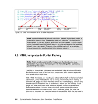Figure 7-45 How the customized HTML is tied to the display



                  Note: While this technique provides full control over the layout of the pages, it
                  does cause tight coupling between the data and the code. This means that
                  any changes in the data schema would also require changes to the front-end
                  code. Changes in your RDD would also not be reflected because the table has
                  already been hard coded. This method should be used only when you are
                  unable to customize your layout using the existing builders.



7.9 HTML templates in Portlet Factory

                  Note: This is an advanced topic for the purpose of understanding page
                  generation. If you would like to carry on with the building of the application,
                  you can skip this section.

                 The goal of using HTML Templates is to enable the Page Automation code of
                 Portlet Factory to build HTML that looks handcrafted but is instead generated
                 from a description of the data.

                 With HTML Templates, you handle your data at a fairly high level of presentation
                 abstraction, unlike the traditional way of coding. Traditionally, when creating a
                 simple HTML page, you know the exact values you want to display, and you only
                 need to be concerned with how to lay them out. When you are creating a JSP
                 page, you think of the data more abstractly, by field name or by some other
                 reference technique. You also have to consider how to render sections of
                 repeated elements, such as the rows from a database query. You know the
                 structure of your data, not the actual values, in terms of the fields that you have in



354     Portal Application Development Using WebSphere Portlet Factory
 