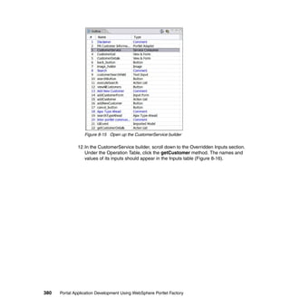 Figure 8-15 Open up the CustomerService builder

               12.In the CustomerService builder, scroll down to the Overridden Inputs section.
                  Under the Operation Table, click the getCustomer method. The names and
                  values of its inputs should appear in the Inputs table (Figure 8-16).




380   Portal Application Development Using WebSphere Portlet Factory
 
