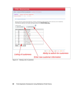 Ability to search for customers
     Listing of customers
                                         Enter new customer information
Figure 2-4 Viewing a list of customers




22     Portal Application Development Using WebSphere Portlet Factory
 