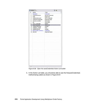 Figure 8-56 Open the saveCredentials Action List builder

               5. In the Action List table, you should be able to see the firesaveCredentials
                  method being called as shown in Figure 8-57.




416   Portal Application Development Using WebSphere Portlet Factory
 