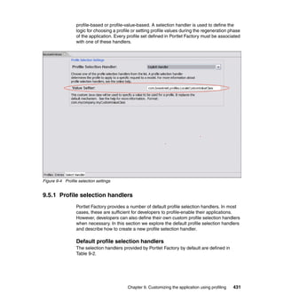 profile-based or profile-value-based. A selection handler is used to define the
                  logic for choosing a profile or setting profile values during the regeneration phase
                  of the application. Every profile set defined in Portlet Factory must be associated
                  with one of these handlers.




Figure 9-4 Profile selection settings


9.5.1 Profile selection handlers
                  Portlet Factory provides a number of default profile selection handlers. In most
                  cases, these are sufficient for developers to profile-enable their applications.
                  However, developers can also define their own custom profile selection handlers
                  when necessary. In this section we explore the default profile selection handlers
                  and describe how to create a new profile selection handler.

                  Default profile selection handlers
                  The selection handlers provided by Portlet Factory by default are defined in
                  Table 9-2.




                                            Chapter 9. Customizing the application using profiling   431
 
