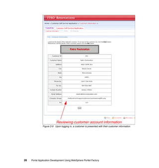 Reviewing customer account information
               Figure 2-9 Upon logging in, a customer is presented with their customer information




28   Portal Application Development Using WebSphere Portlet Factory
 