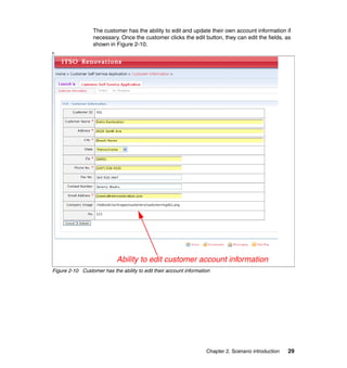 The customer has the ability to edit and update their own account information if
                  necessary. Once the customer clicks the edit button, they can edit the fields, as
                  shown in Figure 2-10.
h




                            Ability to edit customer account information
Figure 2-10 Customer has the ability to edit their account information




                                                                    Chapter 2. Scenario introduction   29
 
