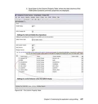 5. Scroll down to the Column Property Table, where the data columns of the
                   ITEM (Data Container) and their properties are displayed.




Figure 9-50 The Column Property Table




                                        Chapter 9. Customizing the application using profiling   477
 