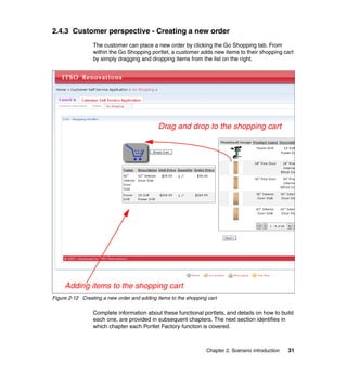 2.4.3 Customer perspective - Creating a new order
                 The customer can place a new order by clicking the Go Shopping tab. From
                 within the Go Shopping portlet, a customer adds new items to their shopping cart
                 by simply dragging and dropping items from the list on the right.




                                             Drag and drop to the shopping cart




     Adding items to the shopping cart
Figure 2-12 Creating a new order and adding items to the shopping cart

                 Complete information about these functional portlets, and details on how to build
                 each one, are provided in subsequent chapters. The next section identifies in
                 which chapter each Portlet Factory function is covered.



                                                                 Chapter 2. Scenario introduction   31
 