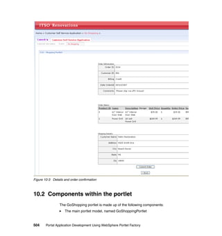 Figure 10-3 Details and order confirmation



10.2 Components within the portlet
                 The GoShopping portlet is made up of the following components:
                    The main portlet model, named GoShoppingPortlet


504     Portal Application Development Using WebSphere Portlet Factory
 