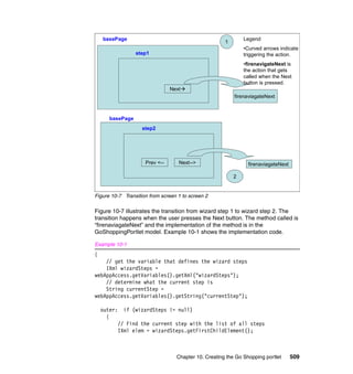 basePage                                                  Legend
                                                      1
                                                              •Curved arrows indicate
                  step1                                       triggering the action.
                                                              •firenavigateNext is
                                                              the action that gets
                                                              called when the Next
                                                              button is pressed.
                                Next
                                                          firenaviagateNext



       basePage
                    step2




                     Prev <--      Next-->                      firenaviagateNext

                                                          2


Figure 10-7 Transition from screen 1 to screen 2

Figure 10-7 illustrates the transition from wizard step 1 to wizard step 2. The
transition happens when the user presses the Next button. The method called is
“firenaviagateNext” and the implementation of the method is in the
GoShoppingPortlet model. Example 10-1 shows the implementation code.

Example 10-1
{
    // get the variable that defines the wizard steps
    IXml wizardSteps =
webAppAccess.getVariables().getXml("wizardSteps");
    // determine what the current step is
    String currentStep =
webAppAccess.getVariables().getString("currentStep");

    outer:   if (wizardSteps != null)
      {
          // Find the current step with the list of all steps
          IXml elem = wizardSteps.getFirstChildElement();



                                  Chapter 10. Creating the Go Shopping portlet      509
 