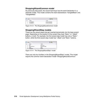 ShoppingWizardCommon model
               As previously discussed, the wizard technique has the event declaration in a
               separate model. This model contains the event declarations “navigateBack” and
               “navigateNext.”




               Figure 10-13 The ShoppingWizardCommon model


               ShoppingWizardStep models
               These are the wizard steps that get inserted dynamically into the base wizard
               page. Depending on the position of the screen they have “Next>” or “<Back”
               buttons, or both. For example, the first wizard step model has only a “Next>”
               button, while the third wizard step model has “<Back” and ”Next>” buttons.




               Figure 10-14 The ShoppingWizardStep1 model

               There are only four builders in the ShoppingWizardStep1 model. This model
               imports the common event declaration model “ShoppingWizardCommon.”




516   Portal Application Development Using WebSphere Portlet Factory
 