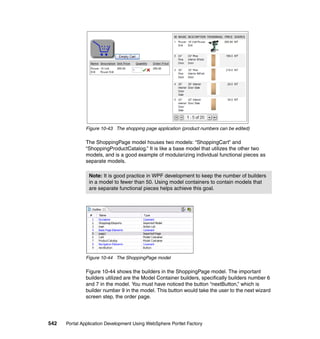 Figure 10-43 The shopping page application (product numbers can be edited)

               The ShoppingPage model houses two models: “ShoppingCart” and
               “ShoppingProductCatalog.” It is like a base model that utilizes the other two
               models, and is a good example of modularizing individual functional pieces as
               separate models.

                Note: It is good practice in WPF development to keep the number of builders
                in a model to fewer than 50. Using model containers to contain models that
                are separate functional pieces helps achieve this goal.




               Figure 10-44 The ShoppingPage model

               Figure 10-44 shows the builders in the ShoppingPage model. The important
               builders utilized are the Model Container builders, specifically builders number 6
               and 7 in the model. You must have noticed the button “nextButton,” which is
               builder number 9 in the model. This button would take the user to the next wizard
               screen step, the order page.




542   Portal Application Development Using WebSphere Portlet Factory
 